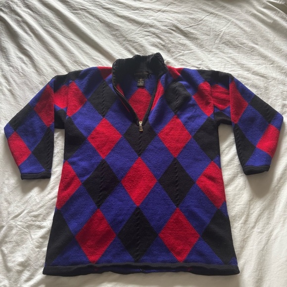 Classiques Entier Merino Wool Argyle Blue and Red Sweater Cropped Sleeves Size L - Picture 1 of 6